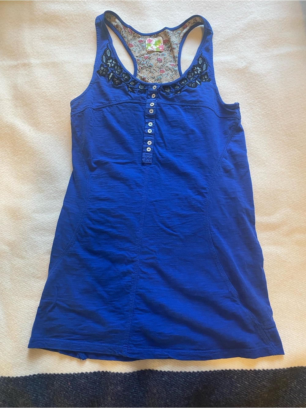 Free People Embroidered Racerback Tank Top Blue Floral Boho Medium